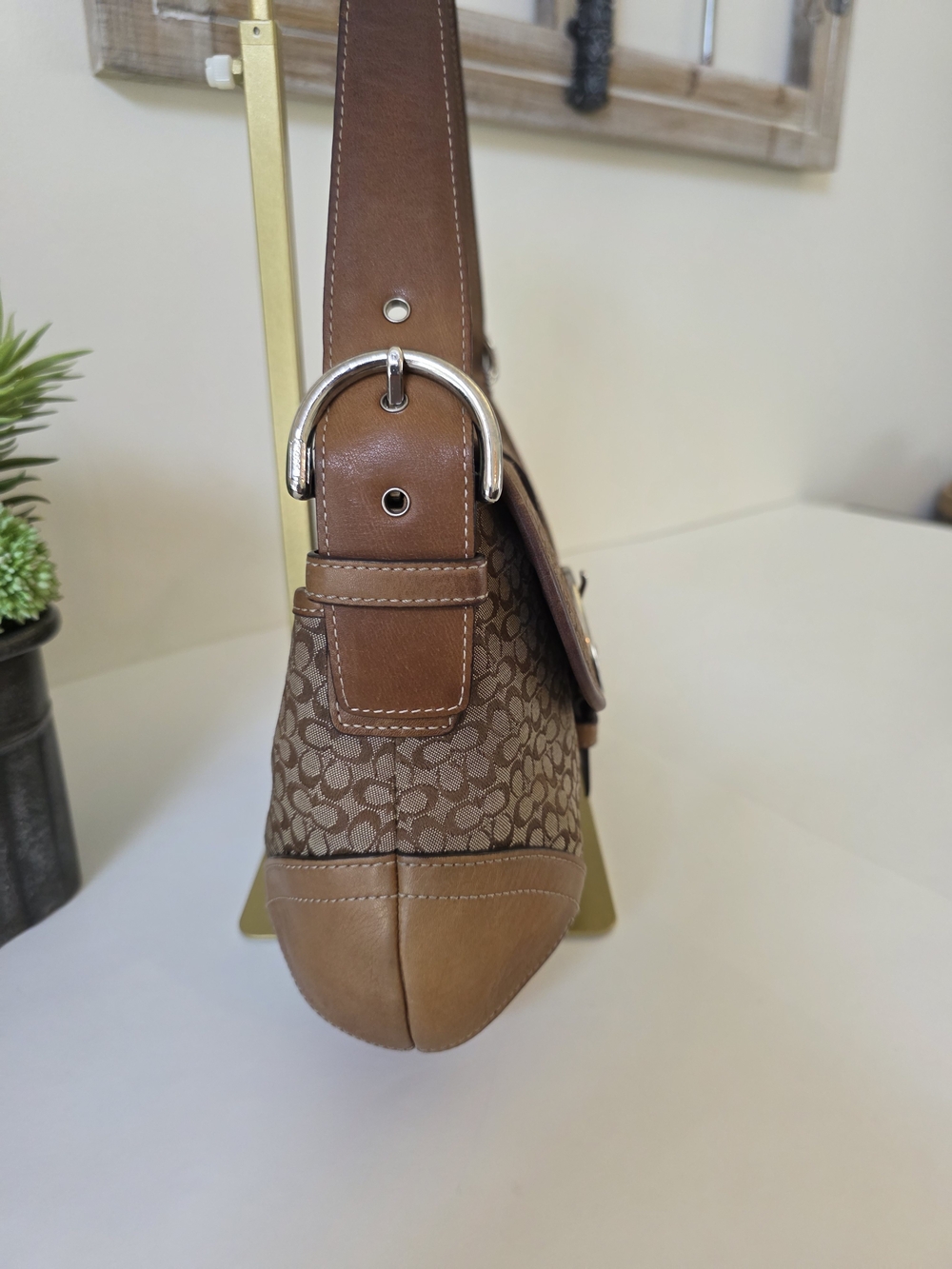 Coach Soho Signature Large Flap Shoulder Bag Brown Jacquard Canvas Leather Trim - Picture 4 of 16